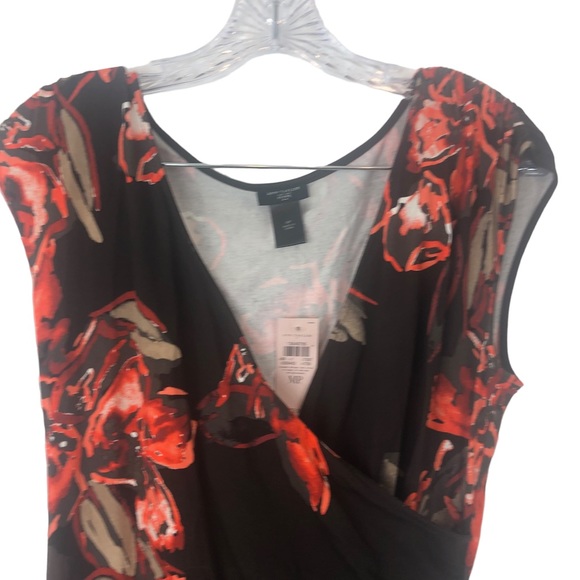 NWT Ann Taylor Brown Orange Floral Faux Wrap Neckline Sleeveless MIDI Dress - Picture 3 of 13